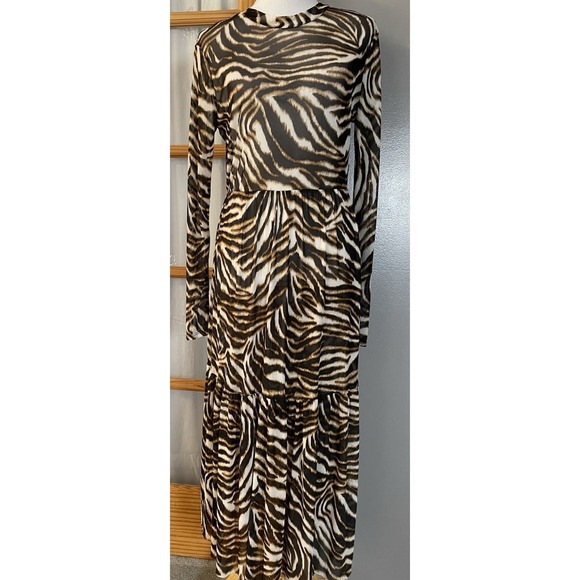 The Unbranded Brand Dresses & Skirts - Tiger Print Tiered Mesh Maxi Dress Sz M Swimwear Cover Up Brown Beige Safari